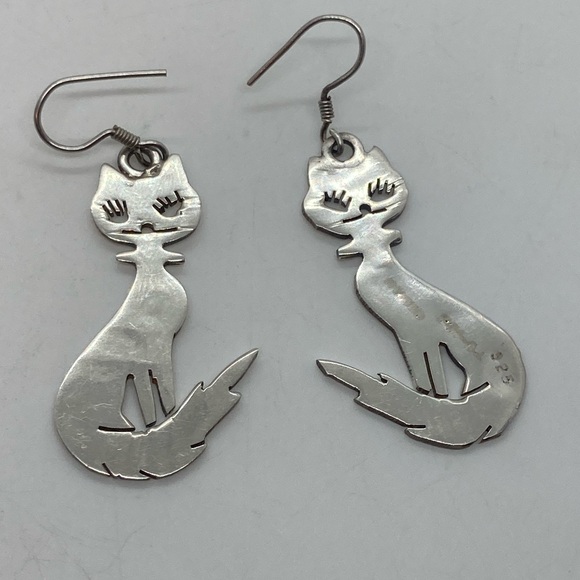Vtg Taxco 925 Sterling Silver Kitty Cat Dangle Earrings | 1.9” L | 14g W - Picture 4 of 8